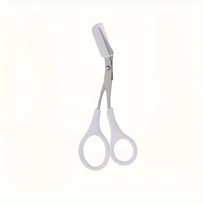 Pink eyebrow trimming scissors with built-in comb - stainless steel, precise grooming tool, creating perfect eyebrows
